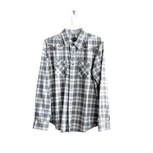 Guess Mens Plaid Embroidered Pearl Snap Button Up Western Shirt Gray Large